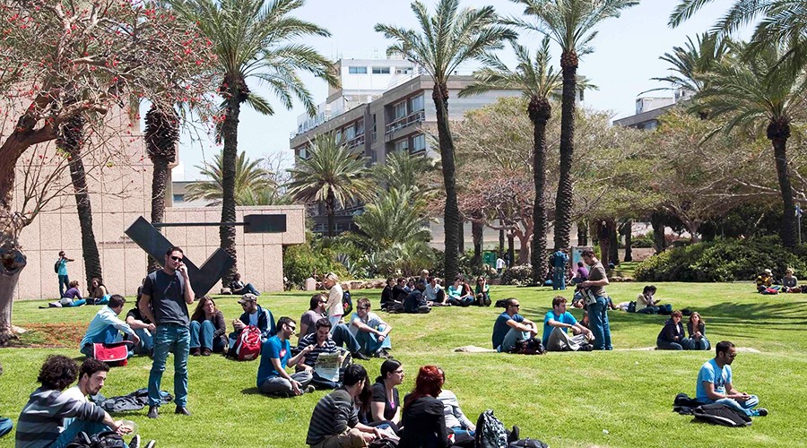 Tel Aviv University campus lawn and students